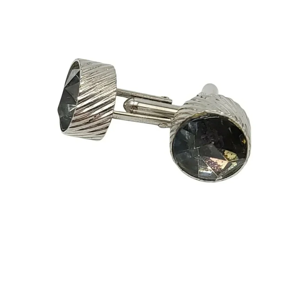 Swank Grey Gray Glass Faceted Rhinestone Silver Tone Cufflinks Vintage